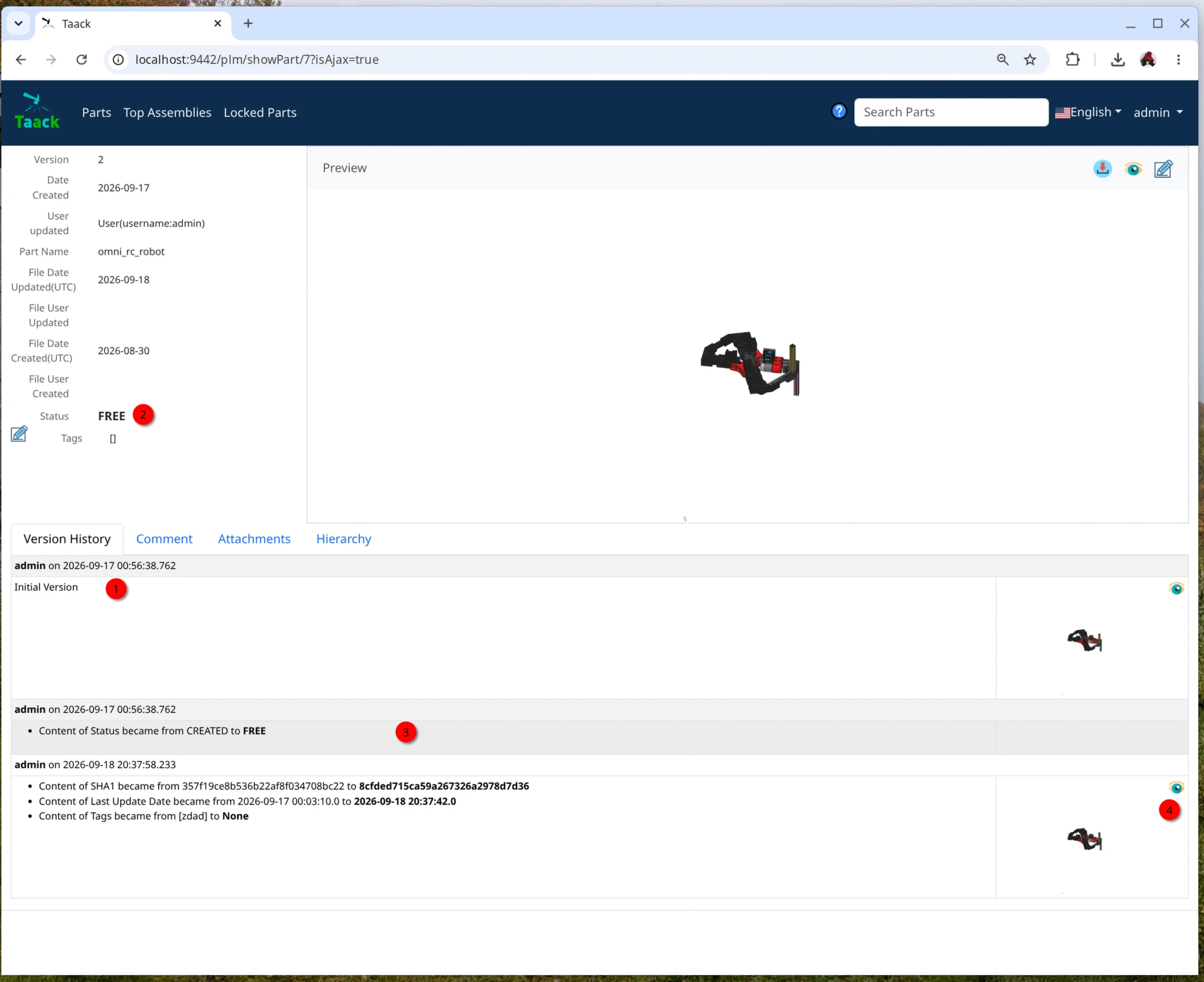 freecad taack plm server part details history