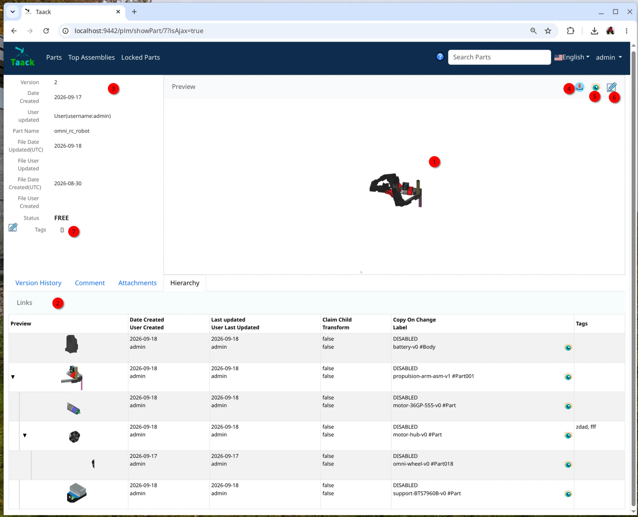 freecad taack plm server part details